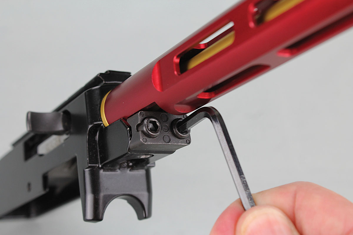Tighten down the V-block screws and the barrel swap is complete.